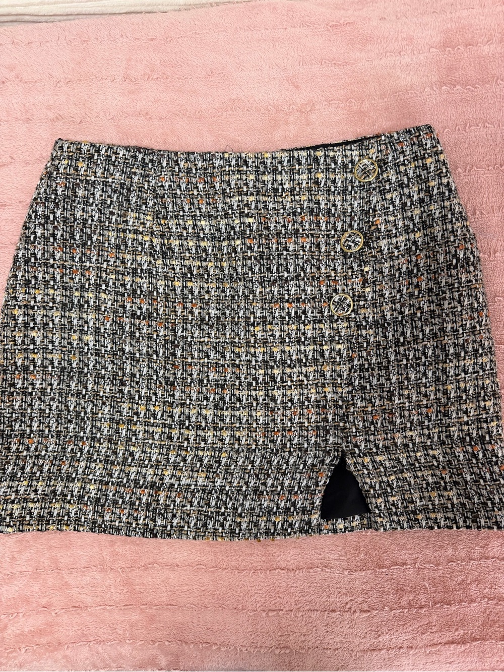 Gianni Bini Black & Multicolor Tweed Mini Skirt with Gold Buttons
